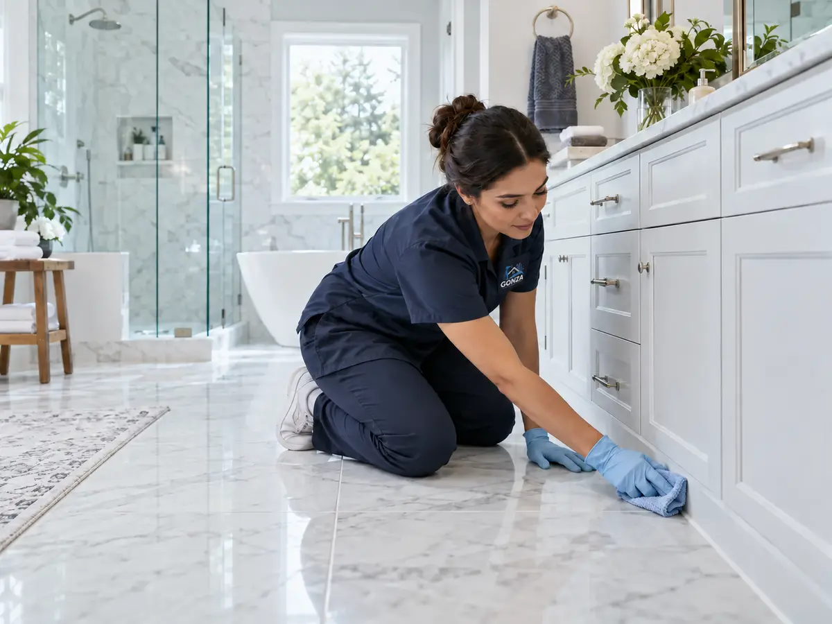 Professional cleaner detailing the lower vanity and floor of a luxury bathroom