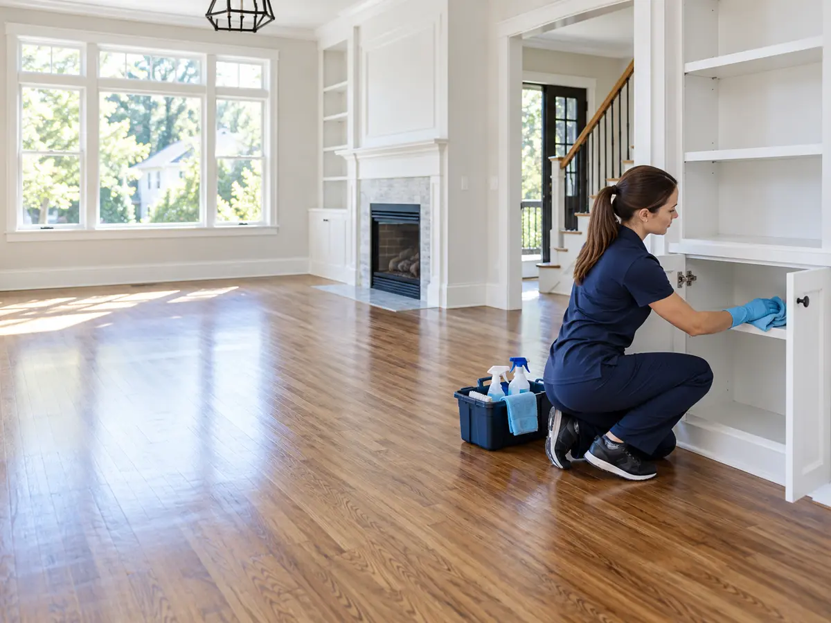Professional cleaner wiping the inside of empty cabinetry during a move-out clean