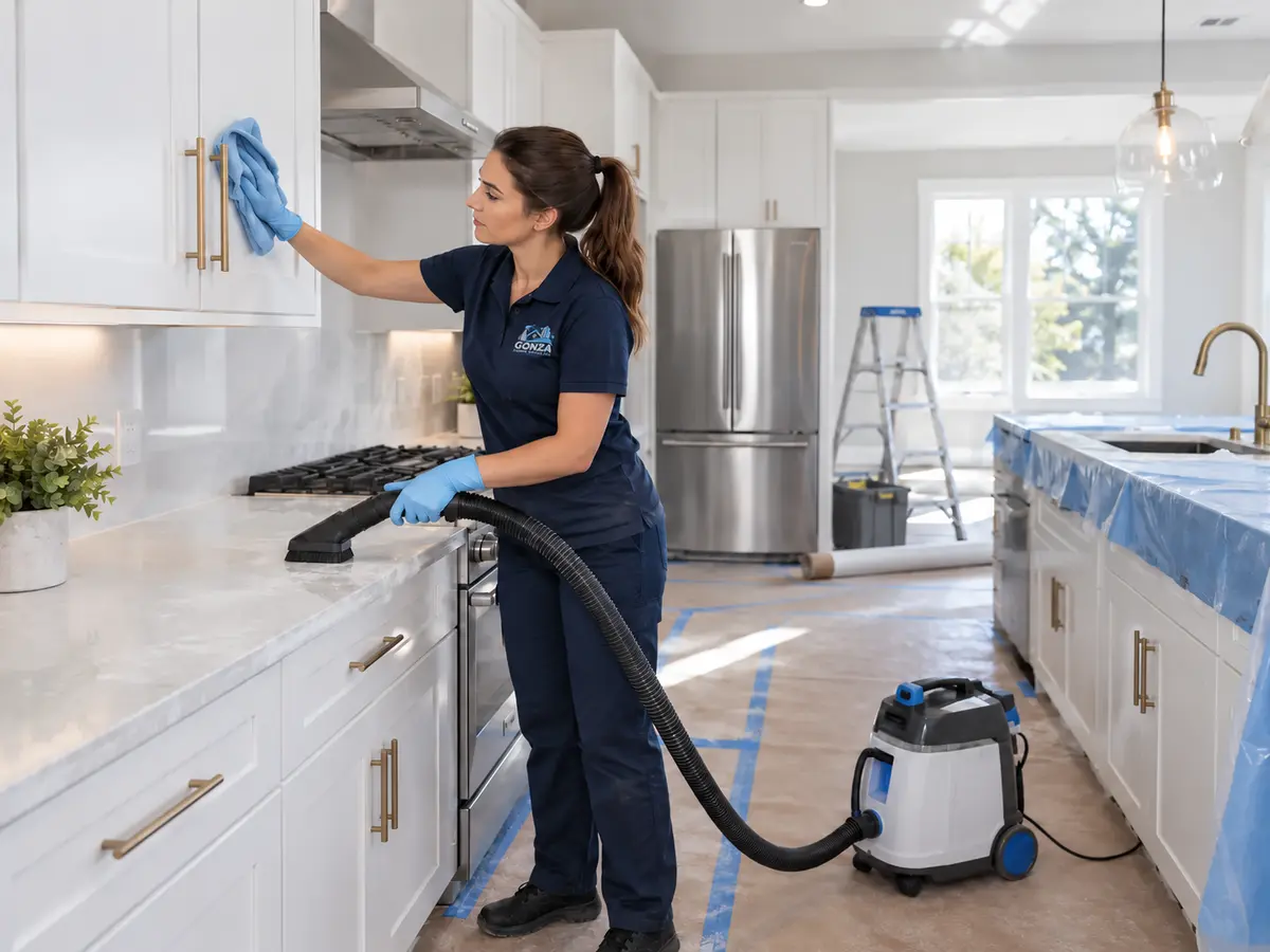 Professional cleaner removing fine renovation dust from a newly remodeled kitchen