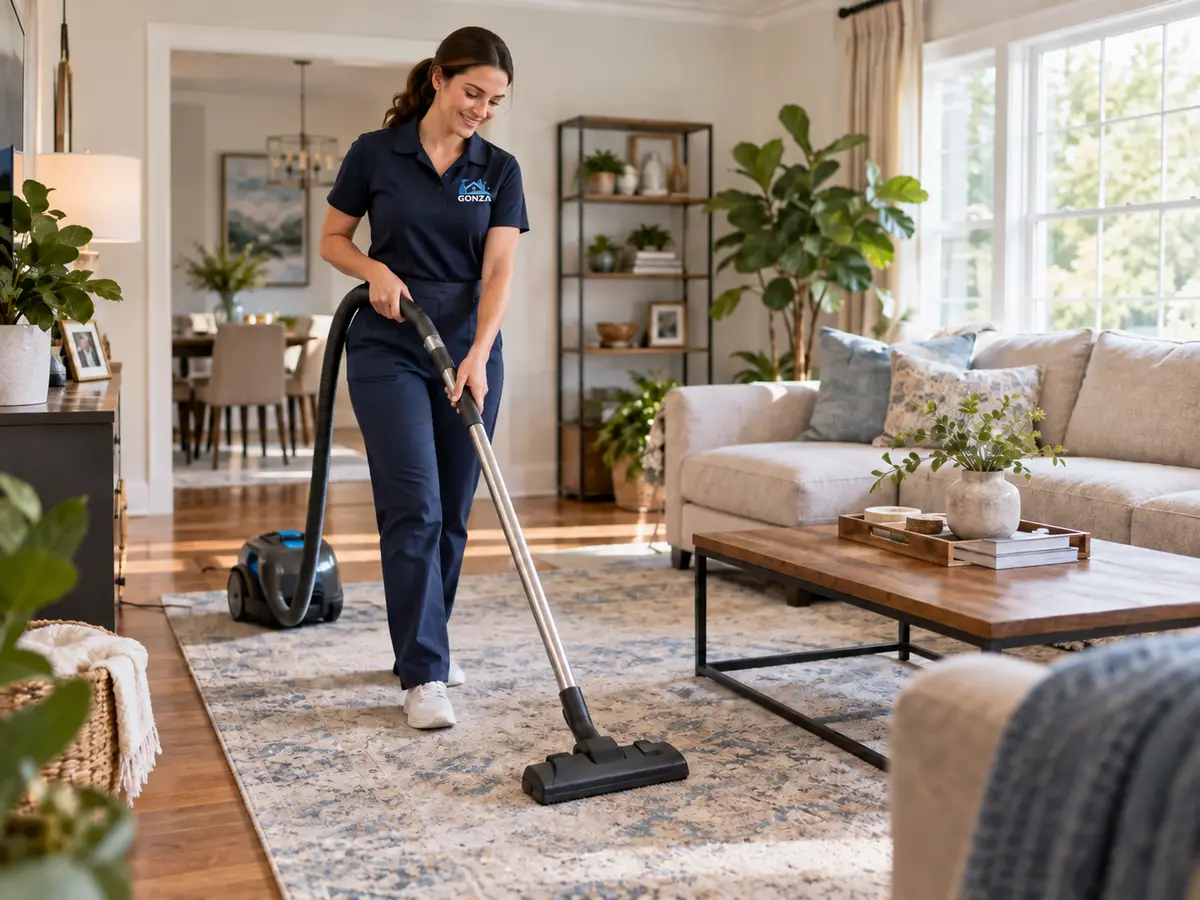 Professional cleaner vacuuming a furnished living room during recurring home care